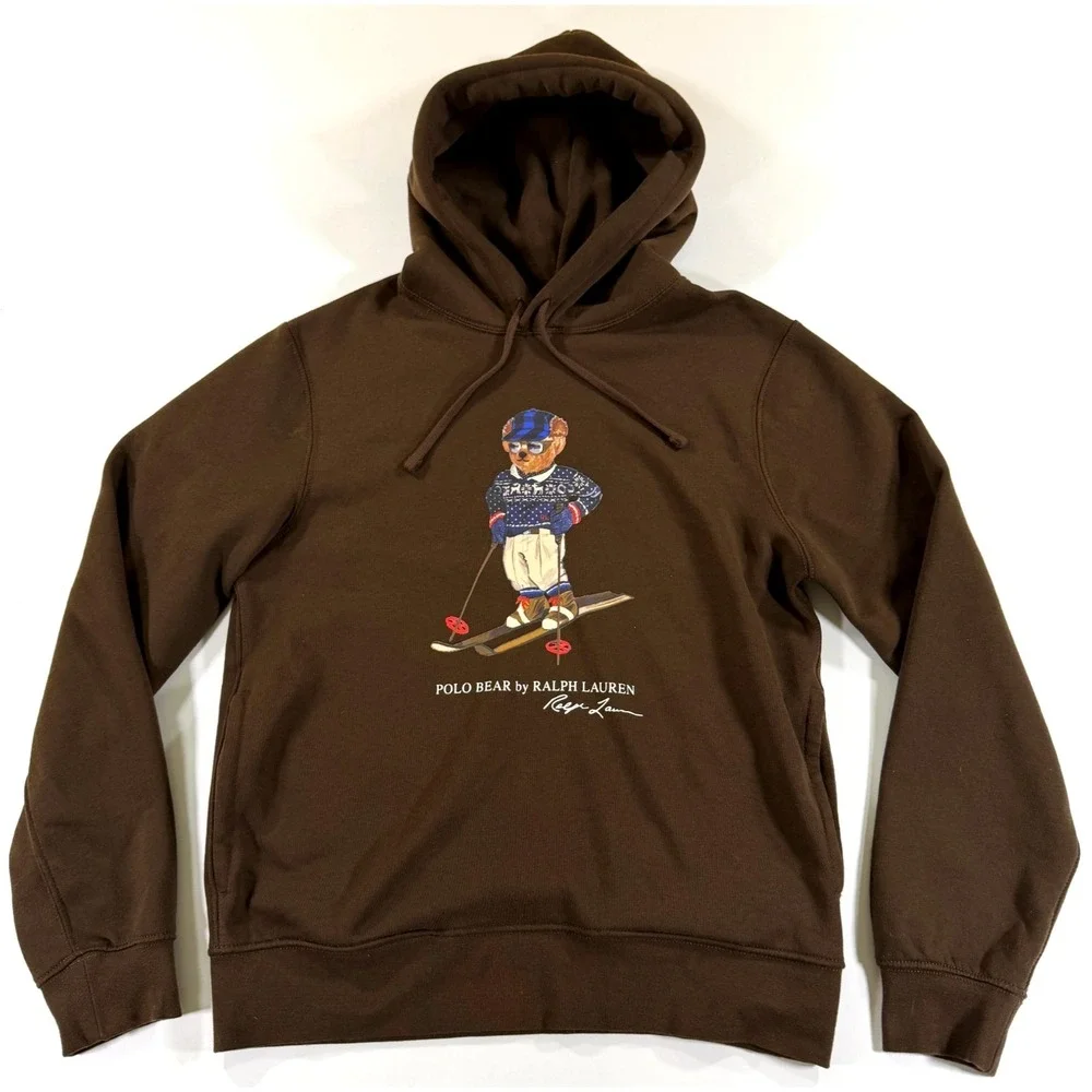 Polo Ralph Lauren Hoodie Sweatshirt Mens M Brown Ski Bear Brown Pockets‎ Hooded